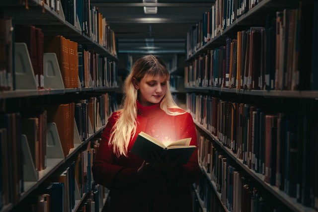 Education quotes - woman reading glowing book in library.