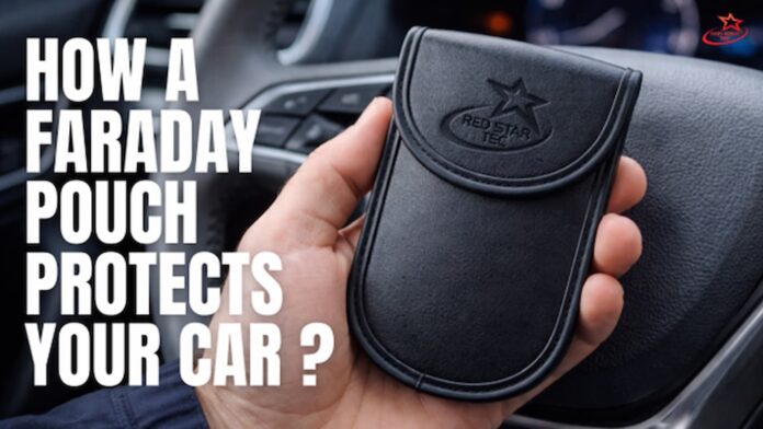 What Does a Faraday Pouch Do? A Simple Guide to Protecting Your Key Fob Hand holding a Faraday pouch inside a car, showing how a Faraday pouch protects your key fob from signal theft.