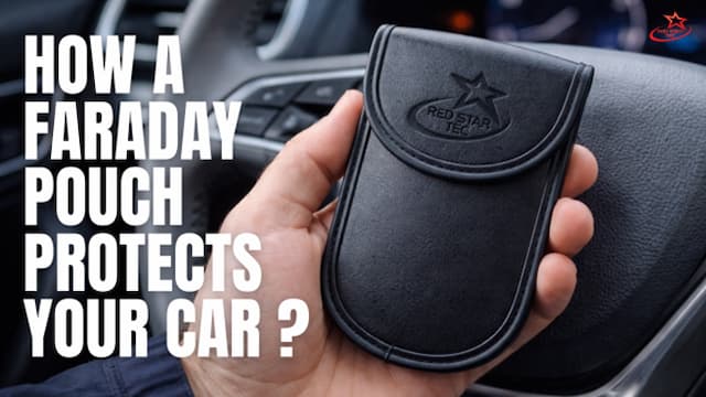 Hand holding a Faraday pouch inside a car, showing how a Faraday pouch protects your key fob from signal theft.